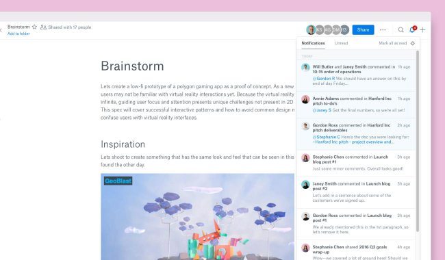 screenshot of Dropbox paper