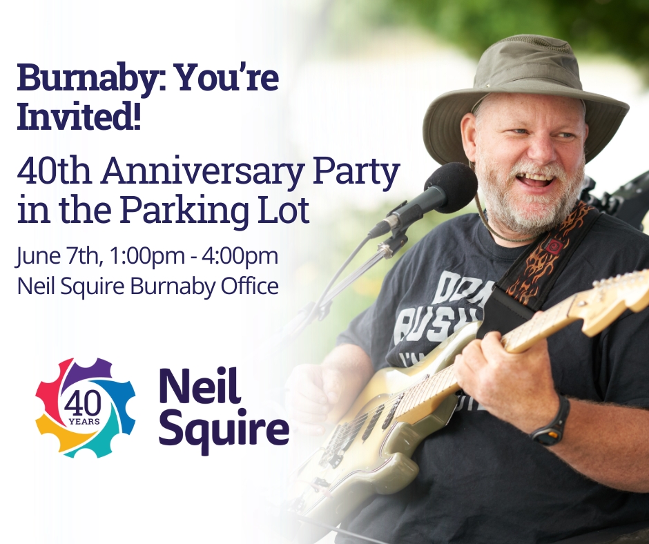 A man smiles playing the guitar, with the Neil Squire 40th anniversary logo in the corner. Text: "Burnaby: You're Invited! 40th Anniversary Party in the Parking Lot. June 7th 1:00 pm to 4:00 pm, Neil Squire Burnaby Office."