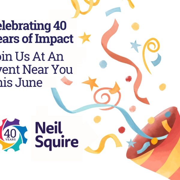 Party hat and confetti, with the Neil Squire 40th anniversary logo in the corner. Text: "Celebrating 40 years of impact, join us at an event near you this June."