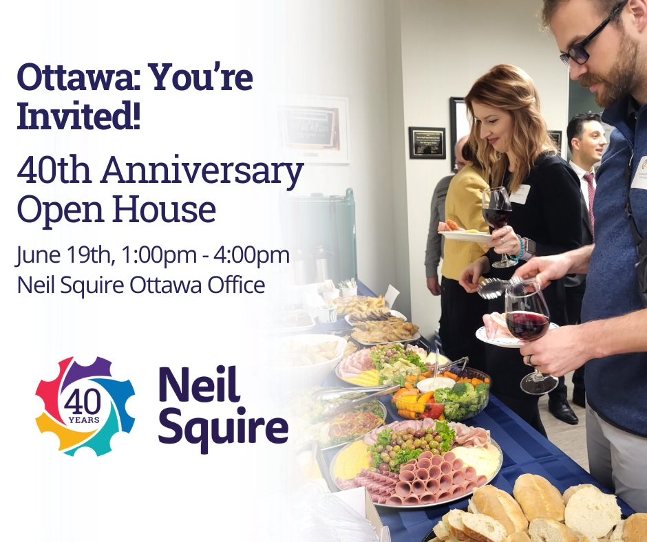 People fill up plates from a charcuterie tray, with the Neil Squire 40th anniversary logo in the corner. Text: "Ottawa: You're Invited! 40th Anniversary Open House. June 19th 1:00 pm to 4:00 pm, Neil Squire Ottawa Office."