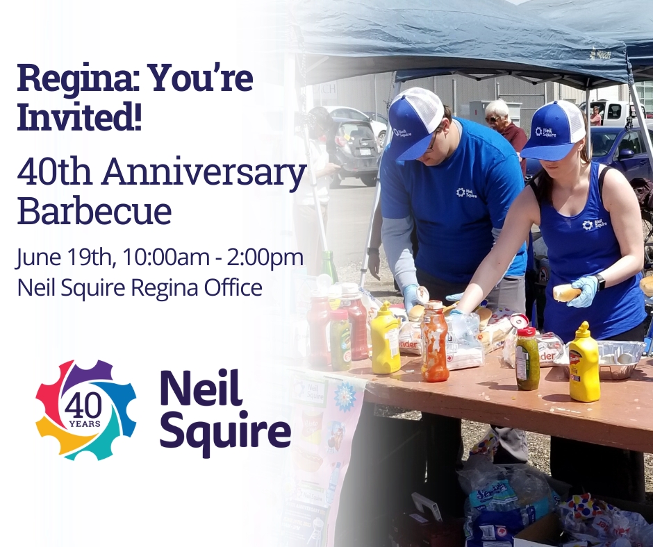 Neil Squire staff make hot dogs, with the Neil Squire 40th anniversary logo in the corner. Text: "Regina: You're Invited! 40th Anniversary Barbecue. June 7th 10:00 am to 2:00 pm, Neil Squire Regina Office."