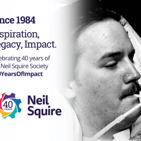 An image of Neil using a sip and puff device. Text: Since 1984; Inspiration, Legacy, Impact; Celebrating 40 years of the Neil Squire Society. #40YearsOfImpact