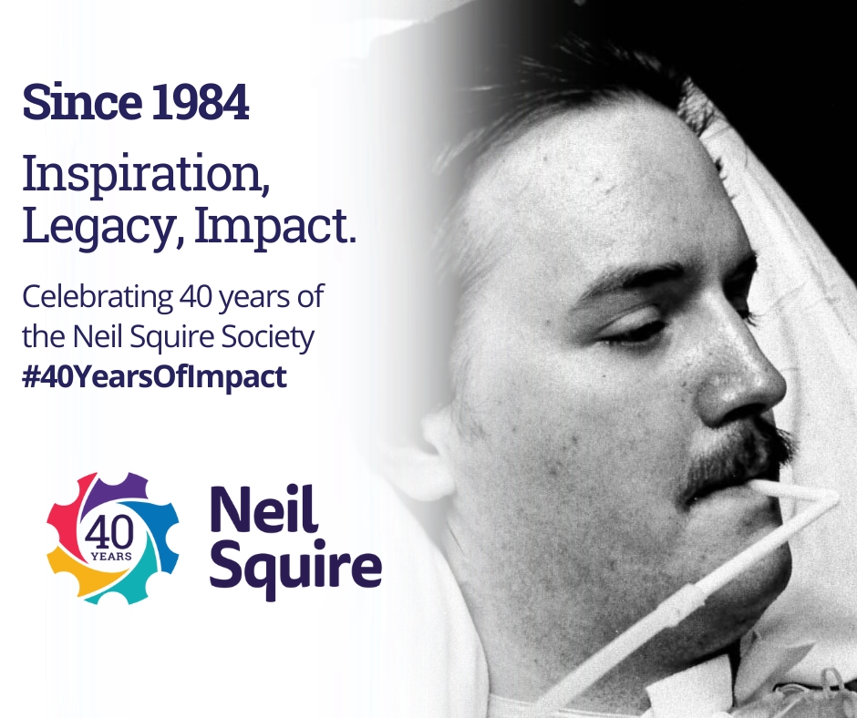 An image of Neil using a sip and puff device. Text: Since 1984; Inspiration, Legacy, Impact; Celebrating 40 years of the Neil Squire Society. #40YearsOfImpact