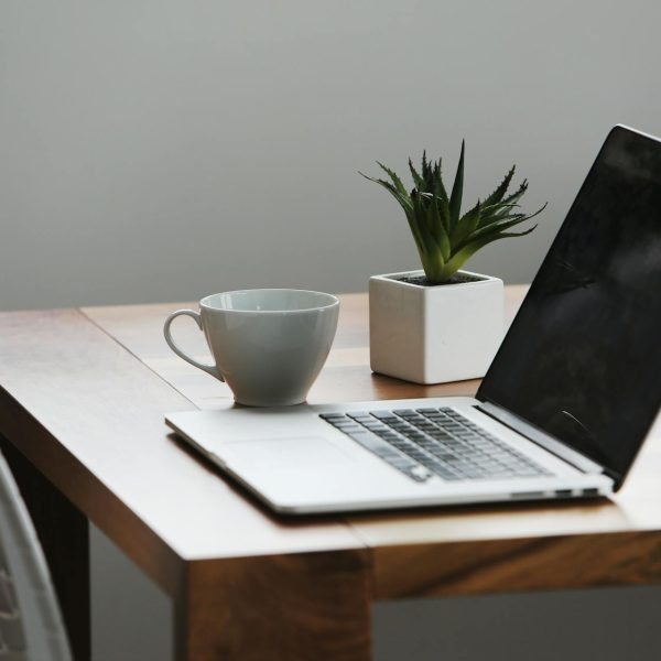 A laptop on a table.