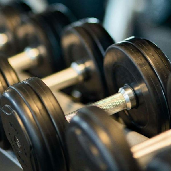 A row of dumbbells on the rack