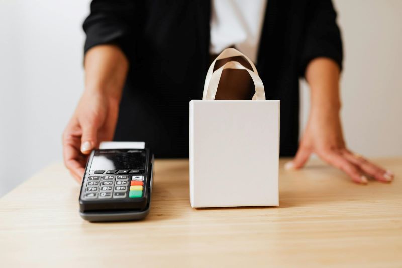 A woman passes over a payment terminal, while standing over a paper bag.