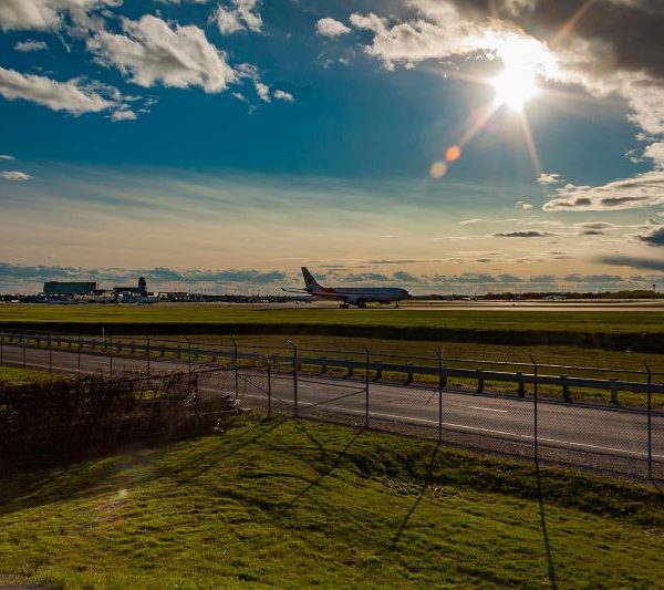 An airplane takes off at an airport.