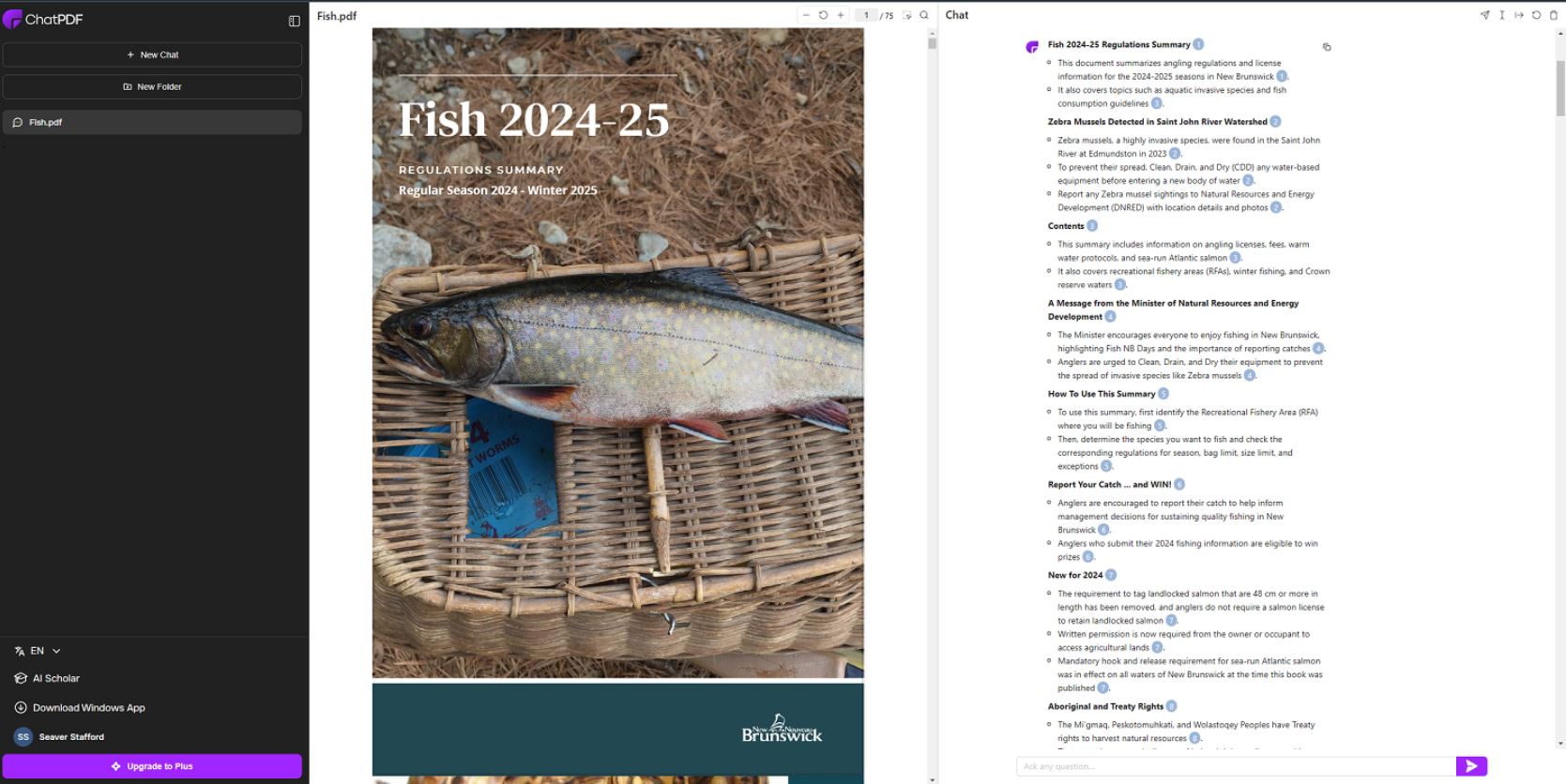 A screenshot of ChatPDF summarizing a New Brunswick fishing regulations document.